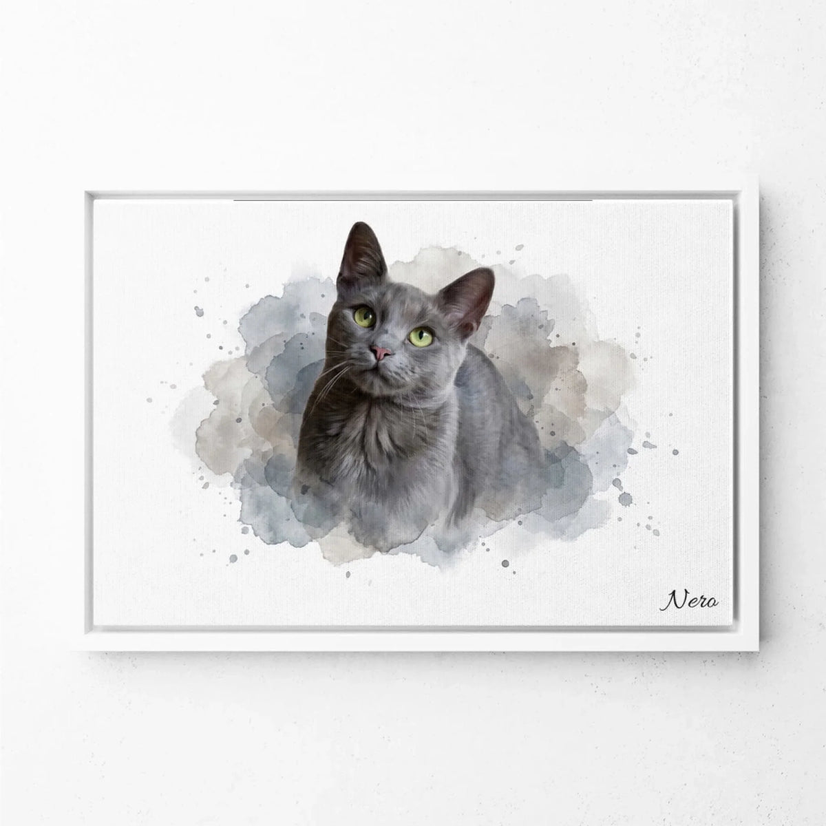 Katzenportrait im Aquarell-Stil (Querformat) - Rahmen Weiß