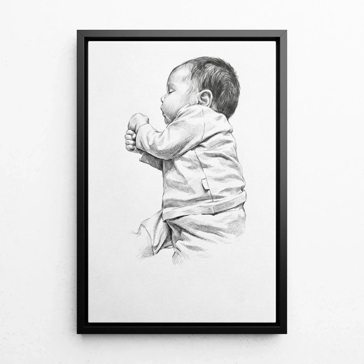 Babyportræt i blyant-stil efter dit foto - lærred med sort ramme
