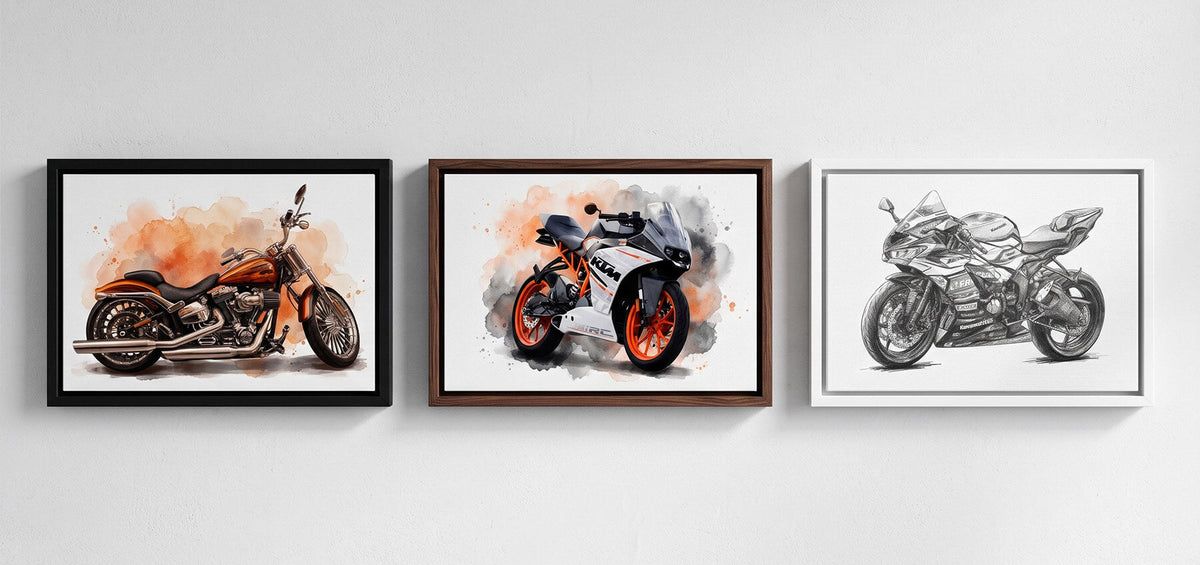 Motorcykelportræt af dit eget foto - eksempler på lærred, plakat og indrammet
