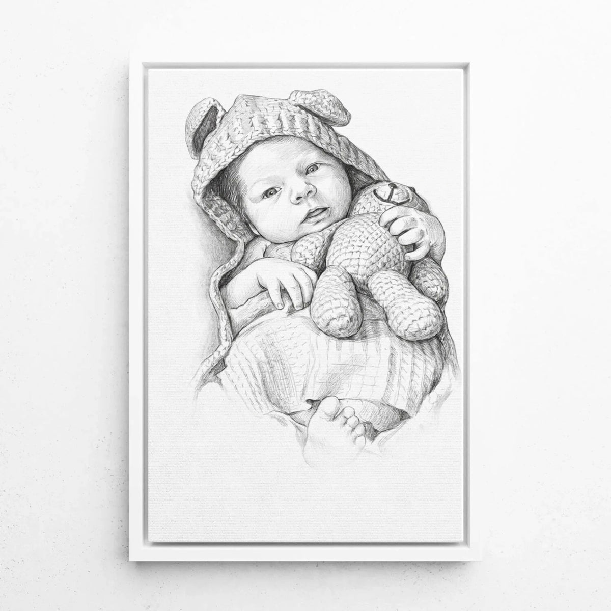 Babyportræt i blyant-stil efter dit foto - lærred med hvid ramme