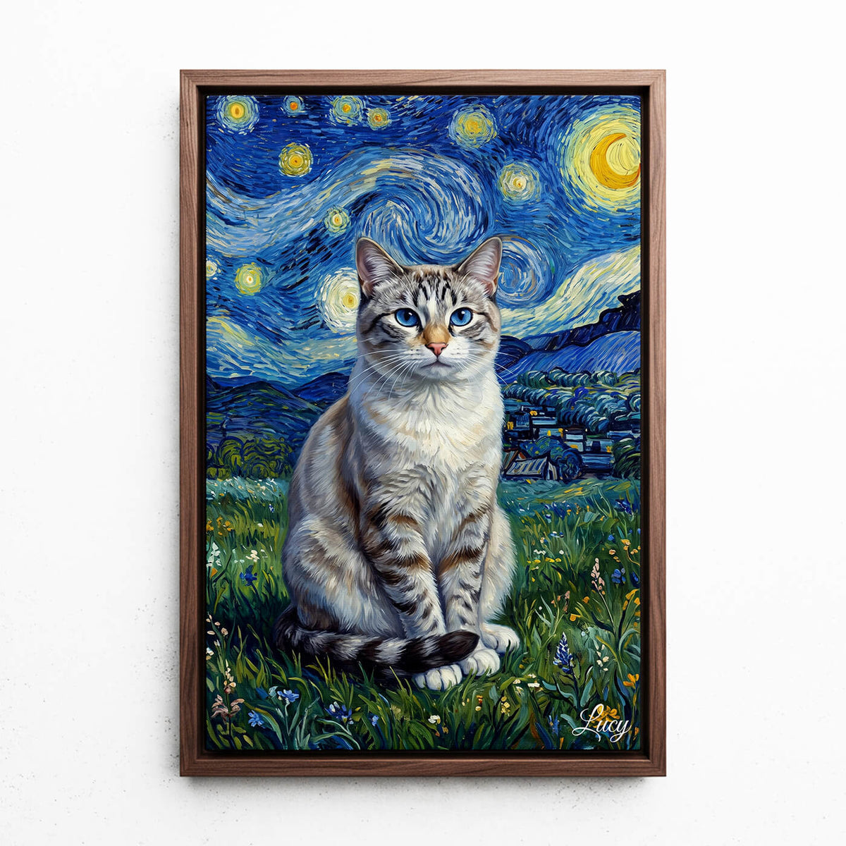 Katteportræt i Van Gogh-stil efter dit foto - lærred med valnødde ramme