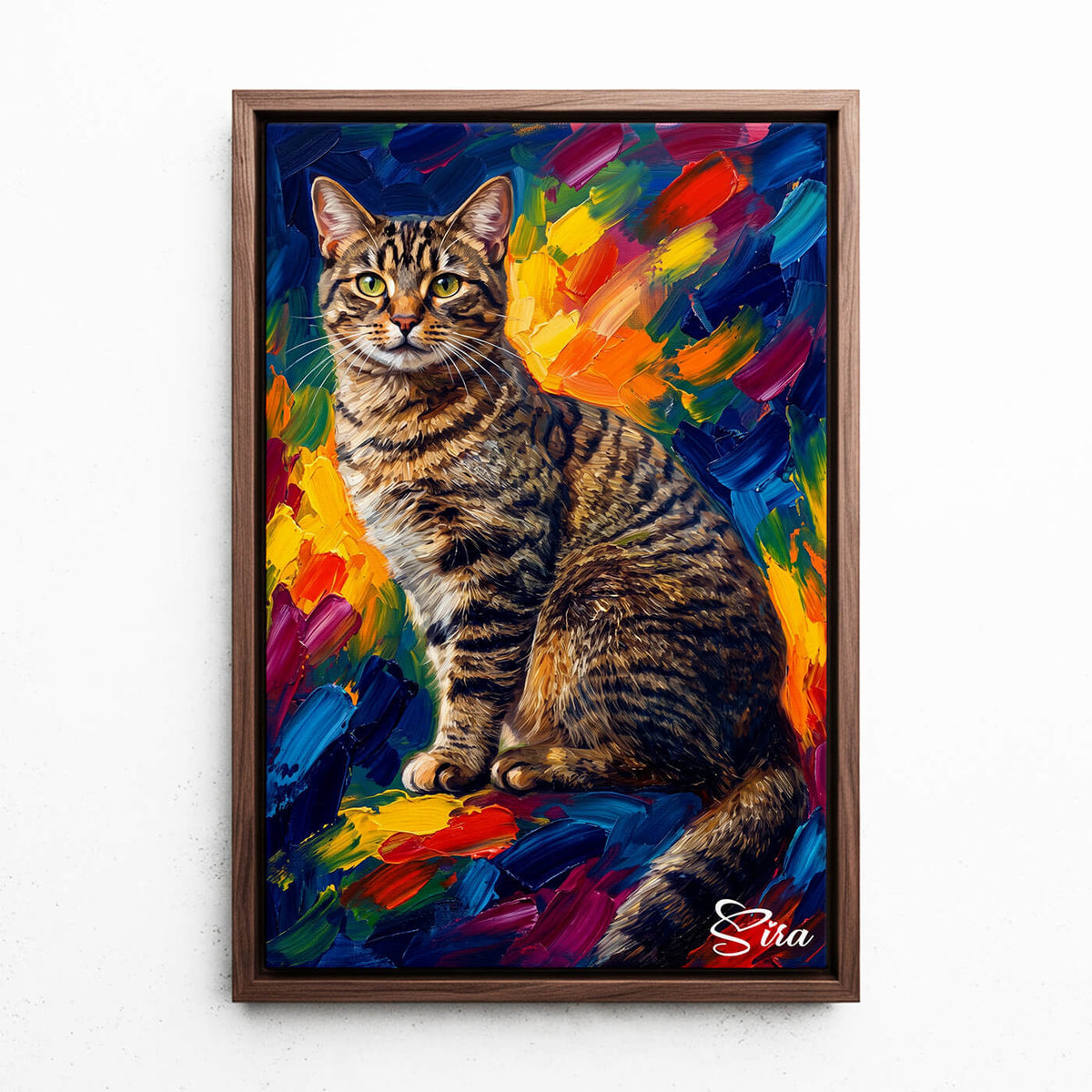 Katteportræt i pop art-stil efter dit foto - lærred med valnødde ramme