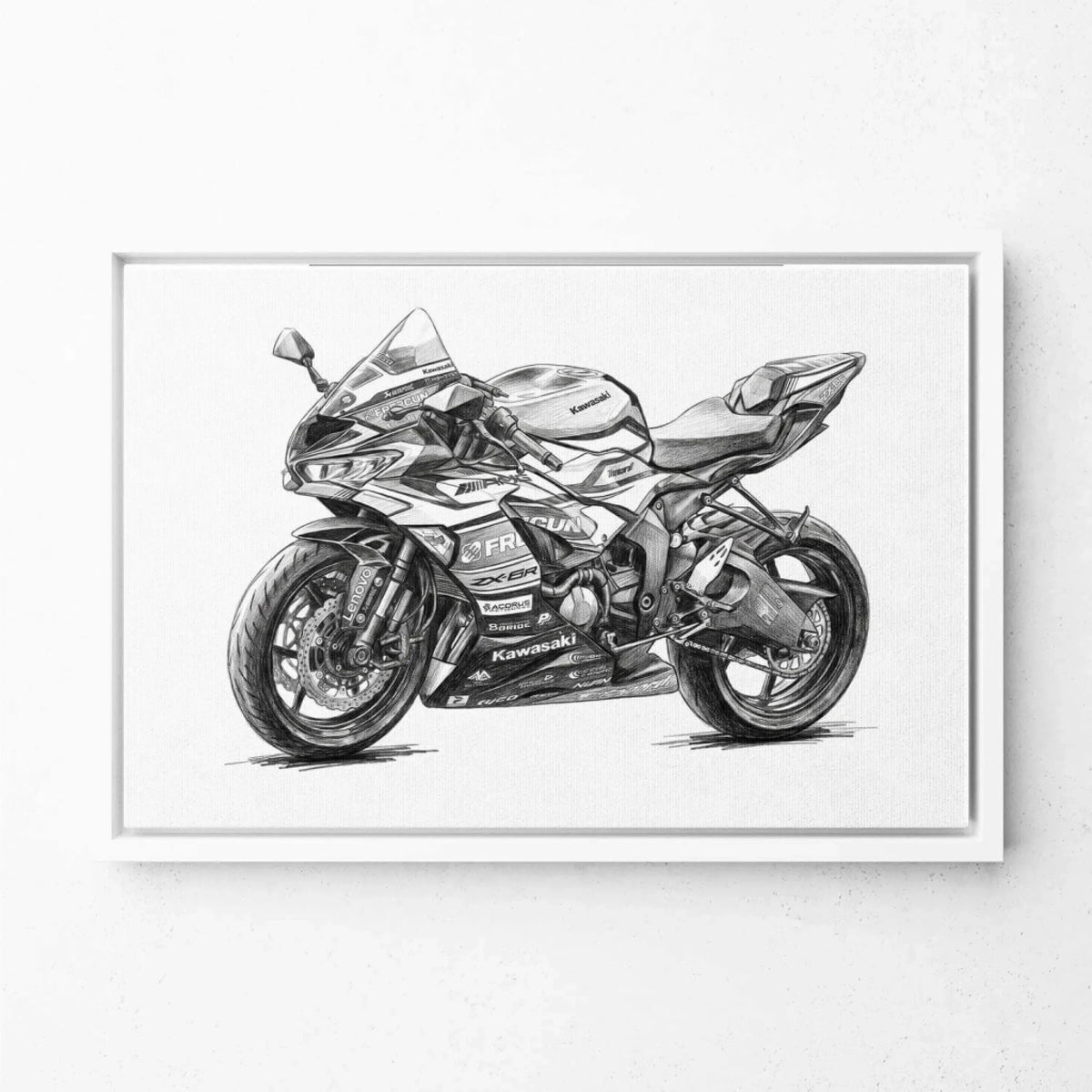 Motorcykelportræt i blyant-stil (liggende format) efter dit foto - lærred med hvid ramme