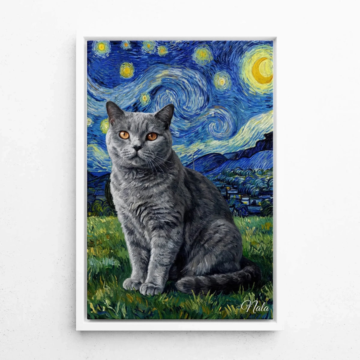 Katteportræt i Van Gogh-stil efter dit foto - lærred med hvid ramme