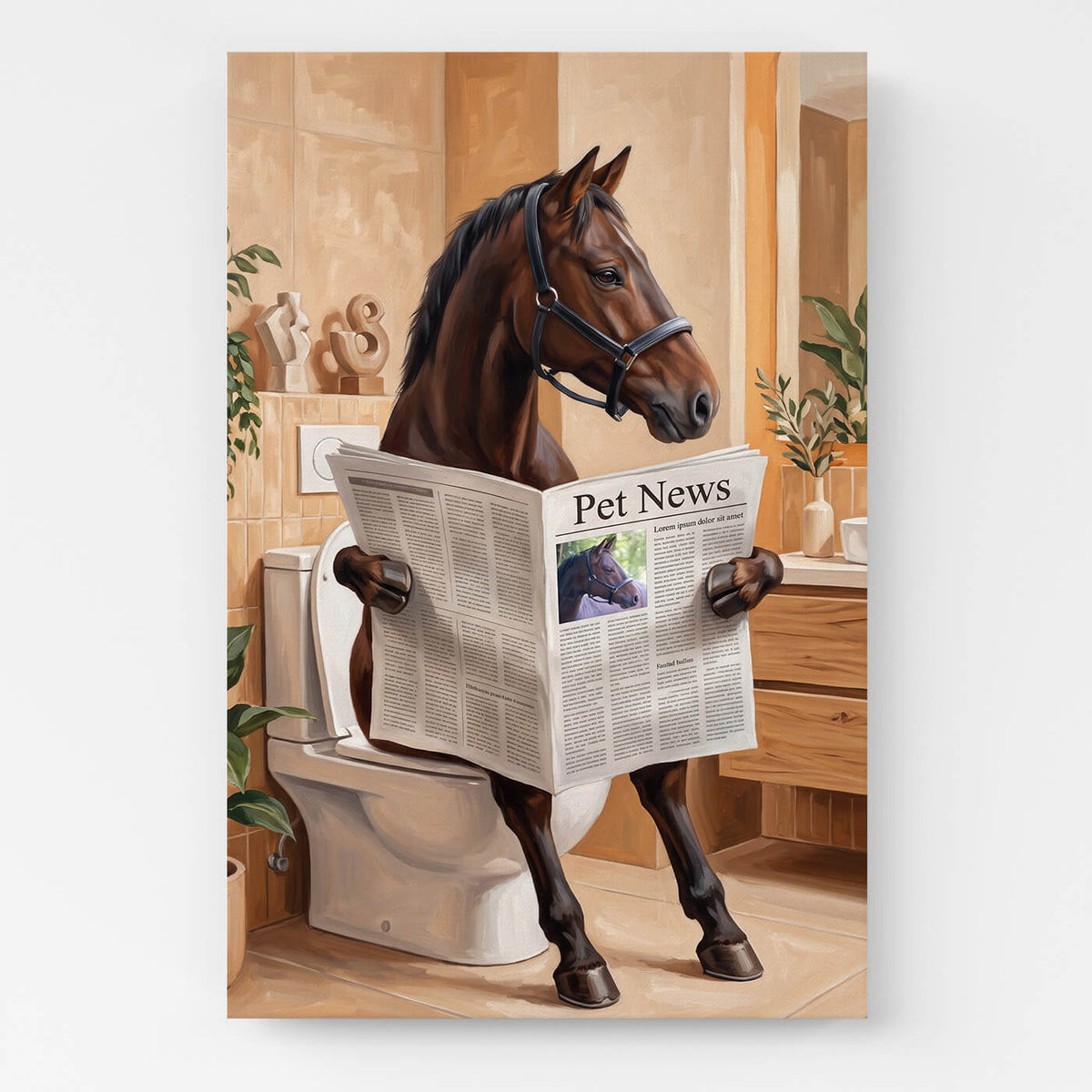 Sjovt hesteportræt på toilettet efter dit foto - lærred