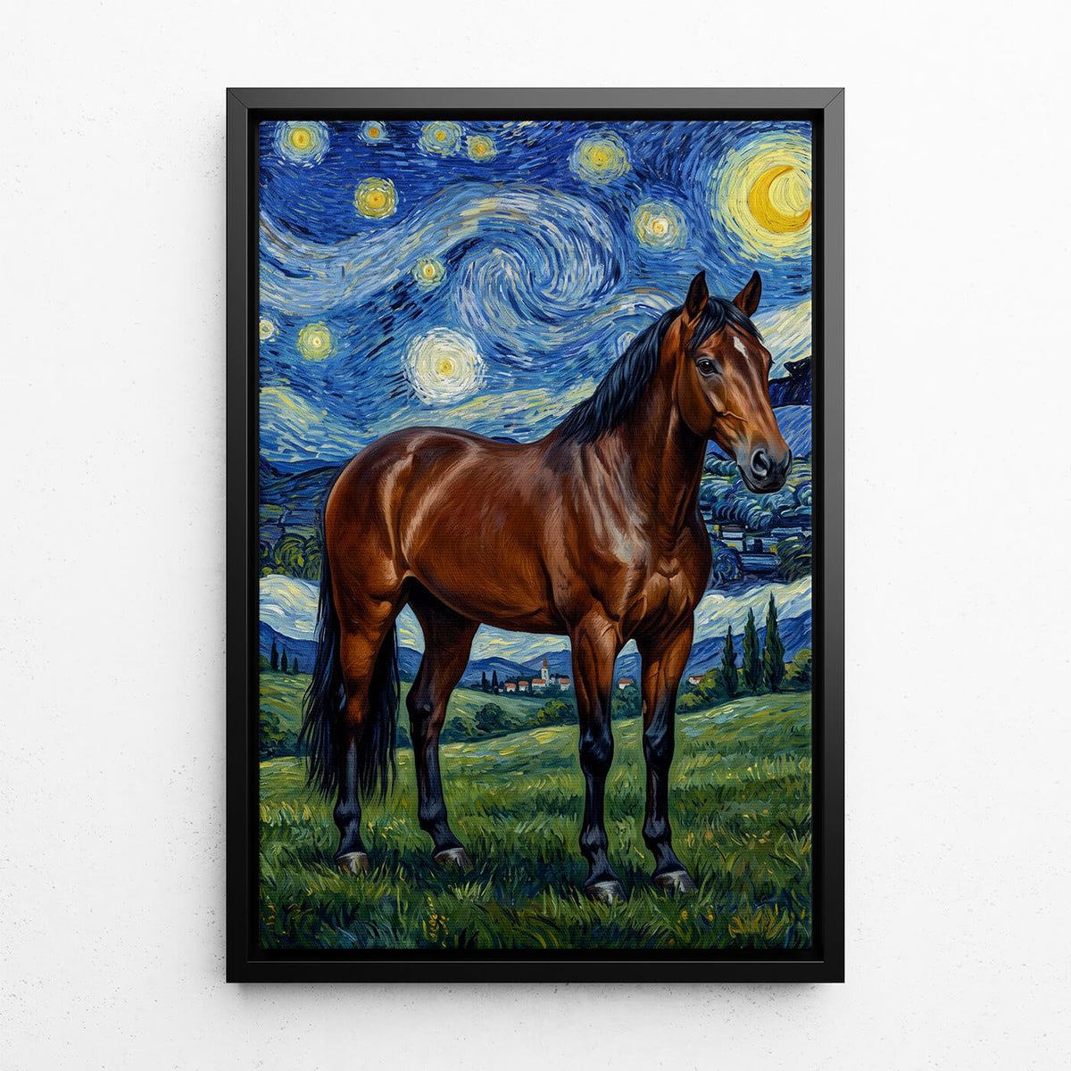 Hesteportræt i Van Gogh-stil efter dit foto - lærred med sort ramme