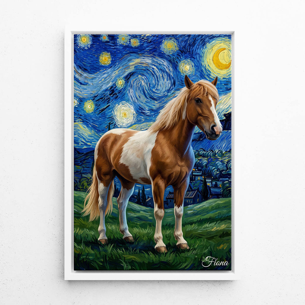 Hesteportræt i Van Gogh-stil efter dit foto - lærred med hvid ramme